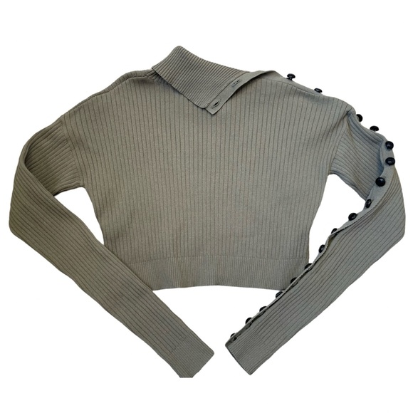 ASILIO CROPPED ASYMMETRICAL BUTTON LONG SLEEVE RIBBED SWEATER OLIVE GREEN 2 - Picture 6 of 9